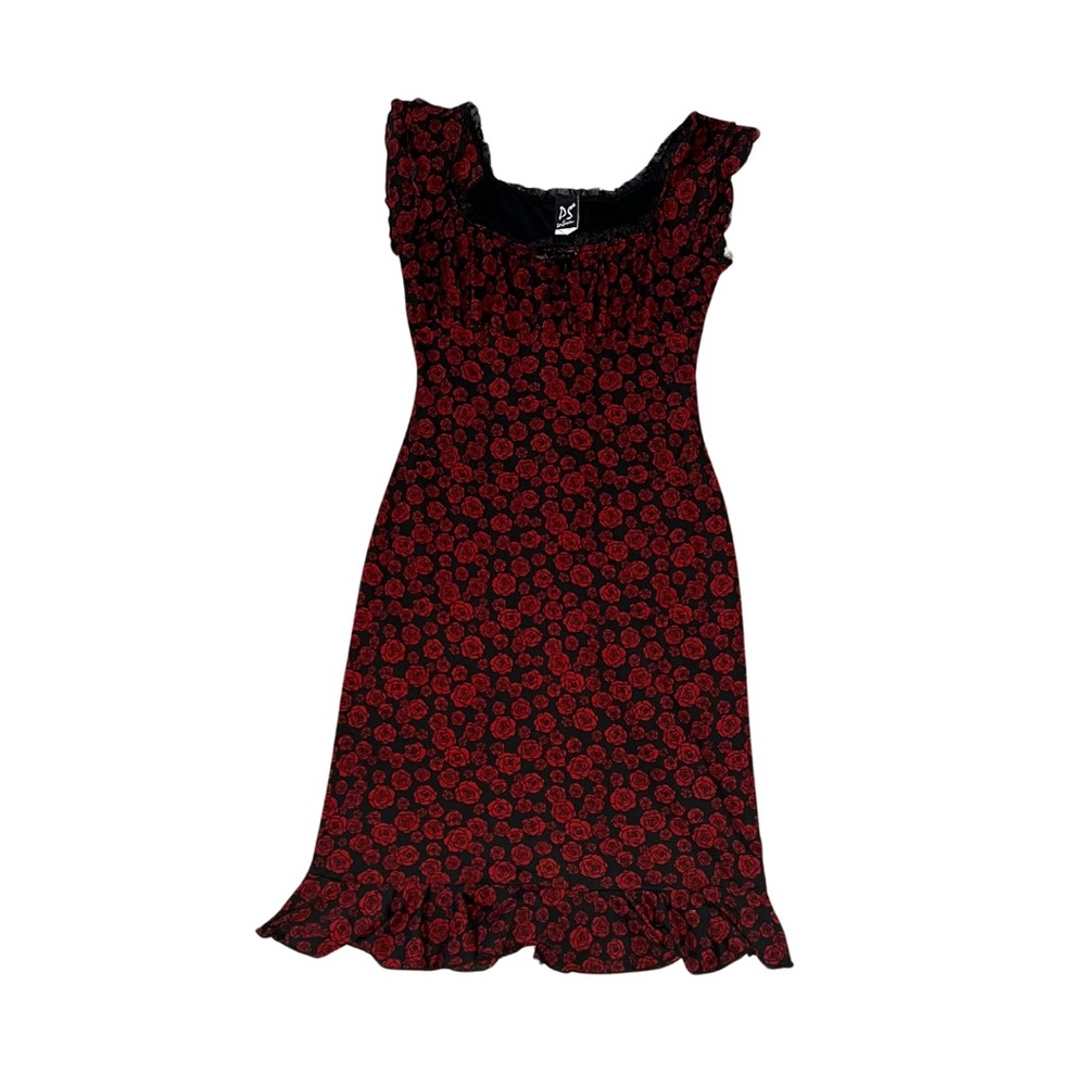 90’s Vintage Black and Red Rose Print Dress